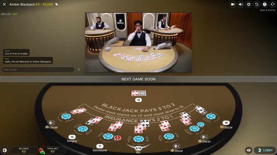 Play Amber Blackjack for real money with a live dealer