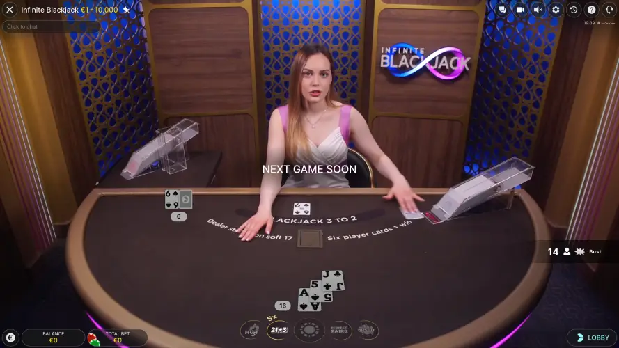 Play Infinite Blackjack for real money with a live dealer