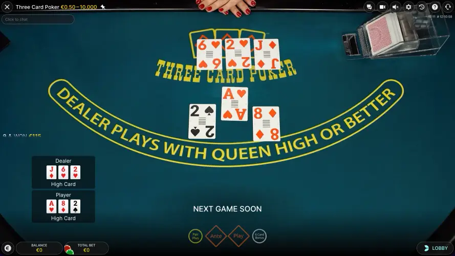 Play Three Card Poker for real money with a live dealer from Evolution